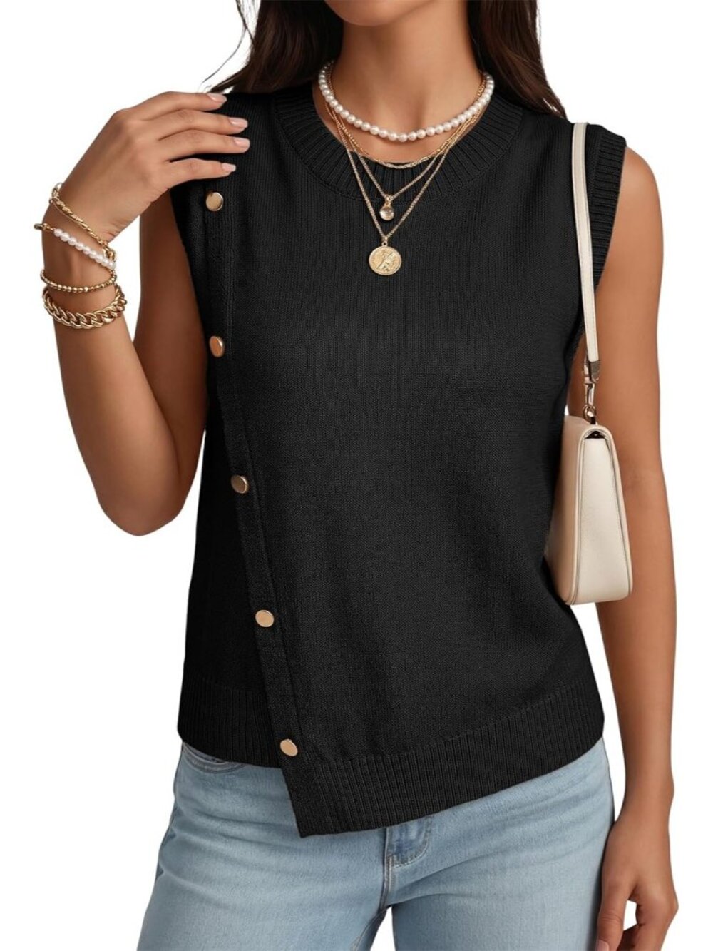 Women's Black Sleeveless Round Neck Casual Button Decoration Sweater Vest - Picture 2 of 6